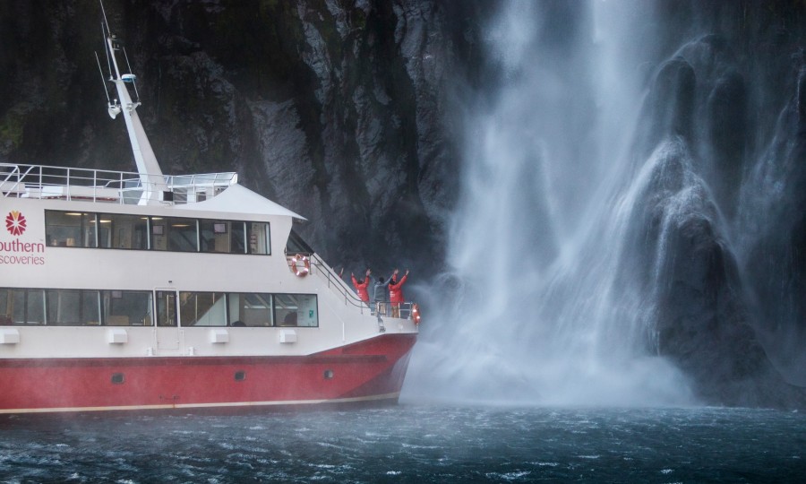 Feeling the full force of Stirling Falls on Milford Sound Nature Cruise v2