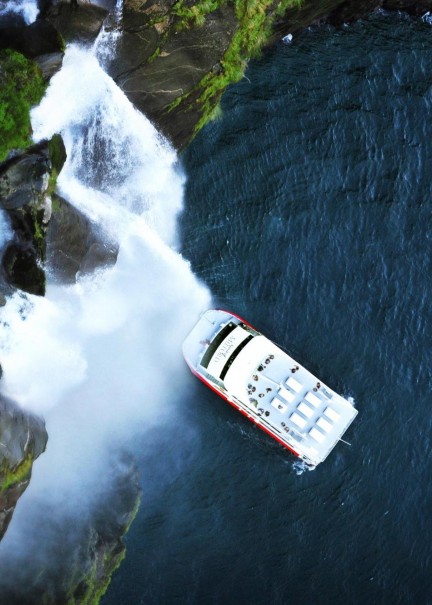 Southern Discoveries Spirit of Milford under Stirling Falls